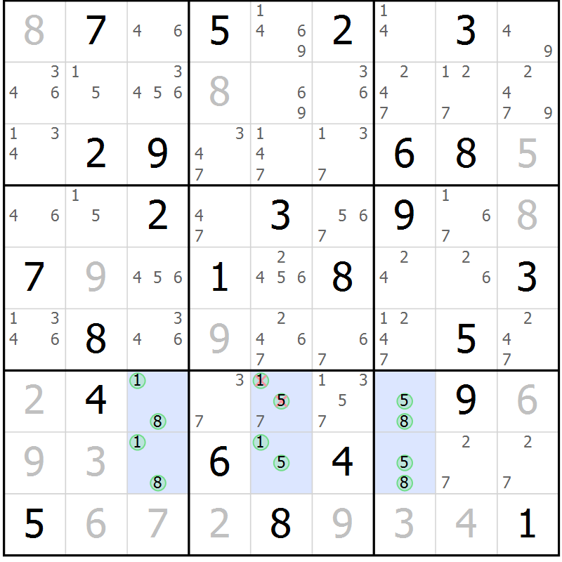Position des candidats pour la solution de la Gr 58 page 61 du magazine de sudoku Maestro n° 101