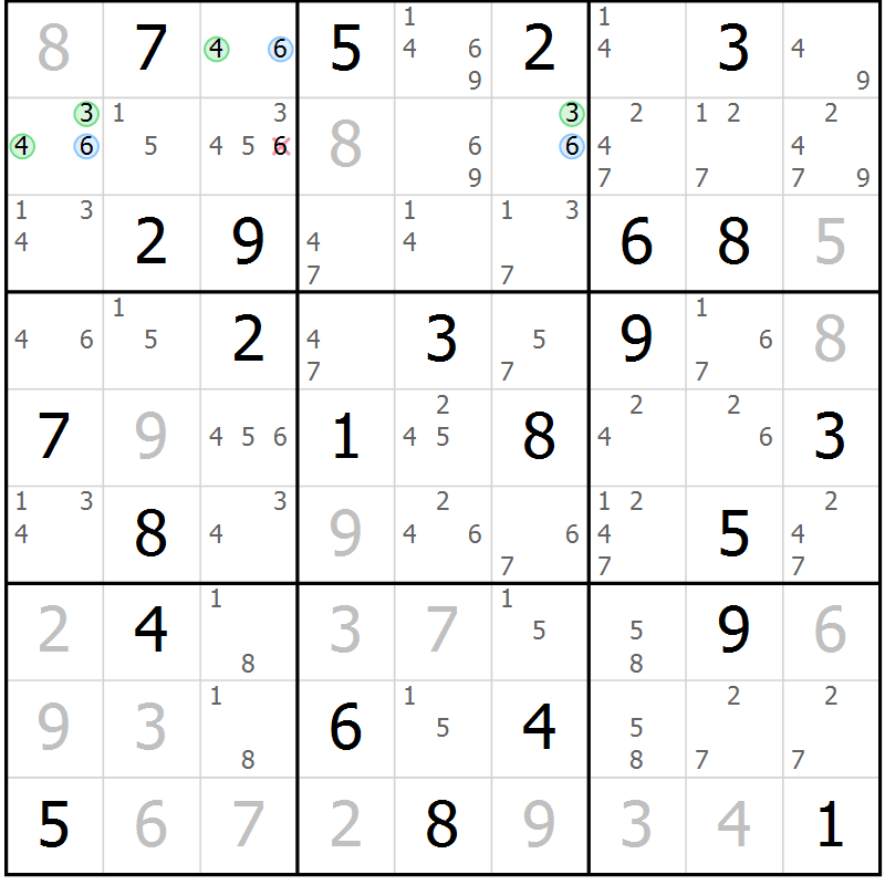 Position des candidats pour la solution de la Gr 58 page 61 du magazine de sudoku Maestro n° 101