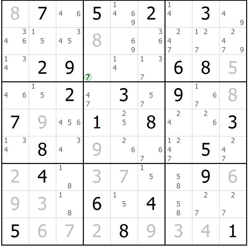Position des candidats pour la solution de la Gr 58 page 61 du magazine de sudoku Maestro n° 101