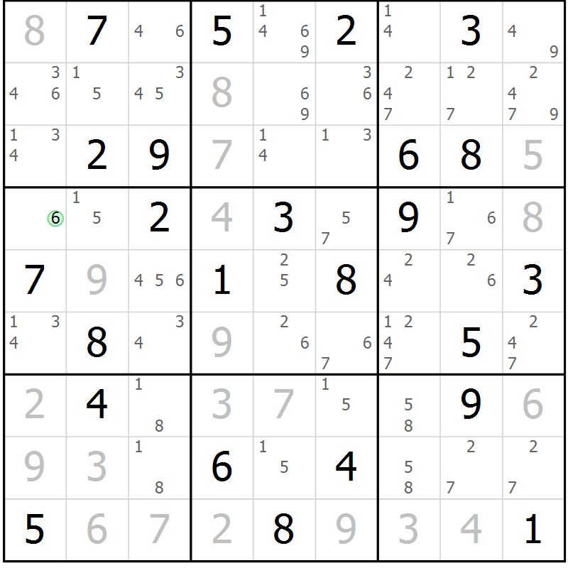 Position des candidats pour la solution de la Gr 58 page 61 du magazine de sudoku Maestro n° 101