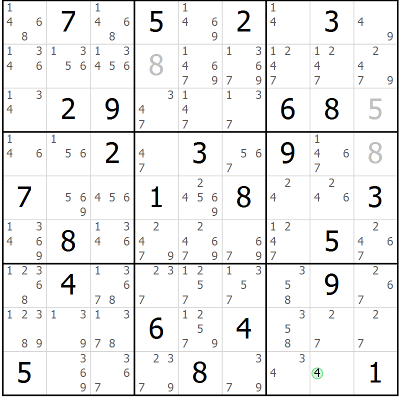 Position des candidats pour la solution de la Gr 58 page 61 du magazine de sudoku Maestro n° 101