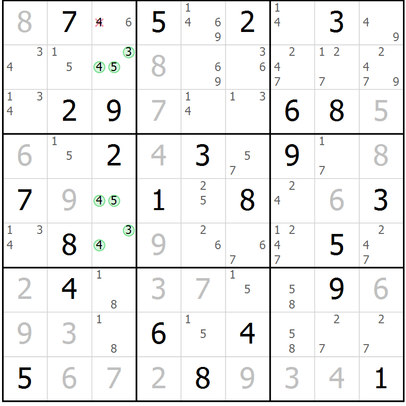 Position des candidats pour la solution de la Gr 58 page 61 du magazine de sudoku Maestro n° 101