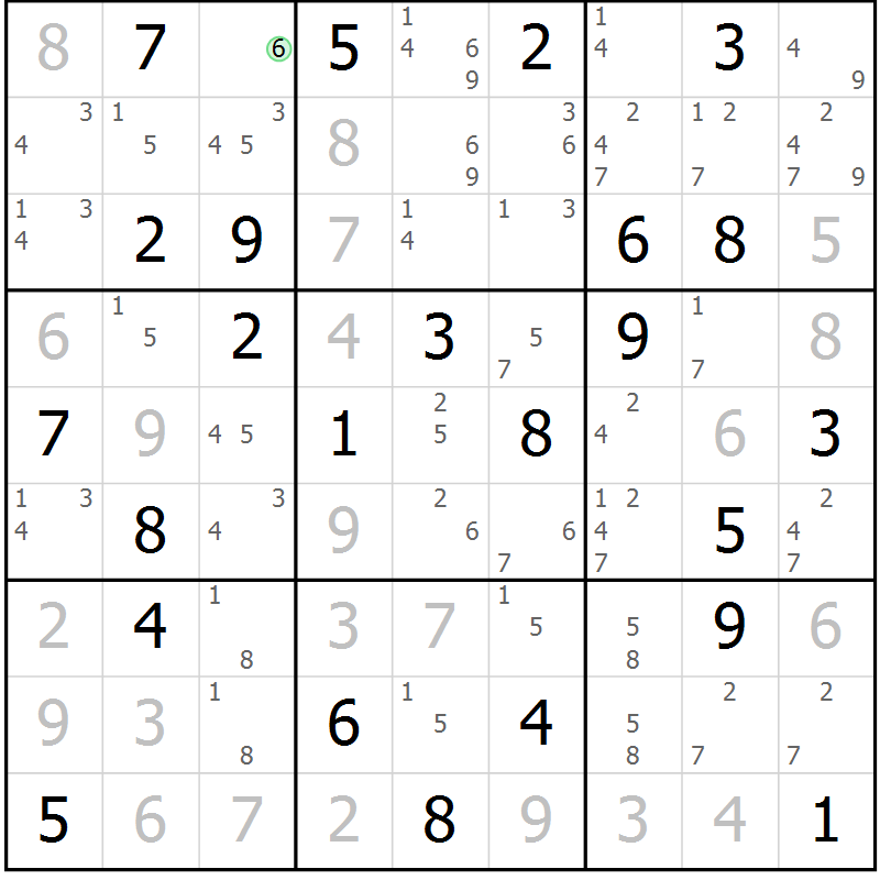 Position des candidats pour la solution de la Gr 58 page 61 du magazine de sudoku Maestro n° 101