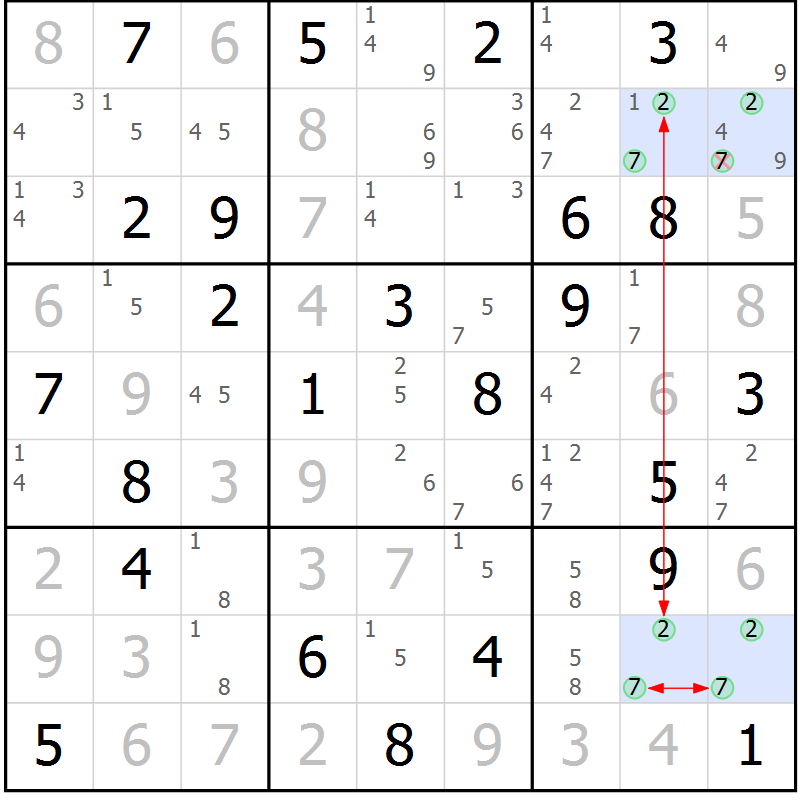 Position des candidats pour la solution de la Gr 58 page 61 du magazine de sudoku Maestro n° 101