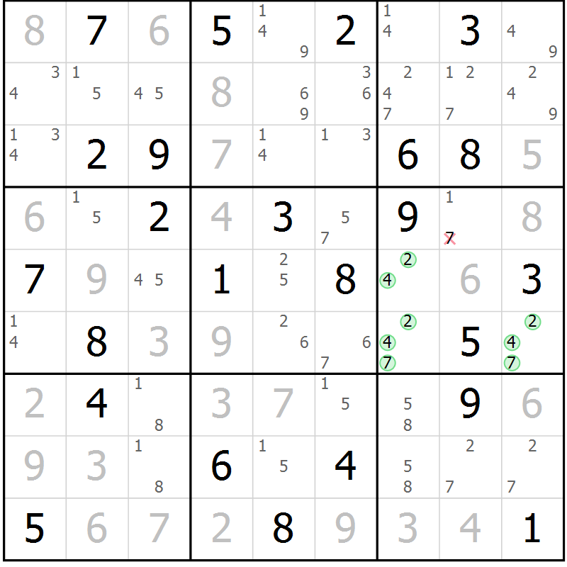 Position des candidats pour la solution de la Gr 58 page 61 du magazine de sudoku Maestro n° 101