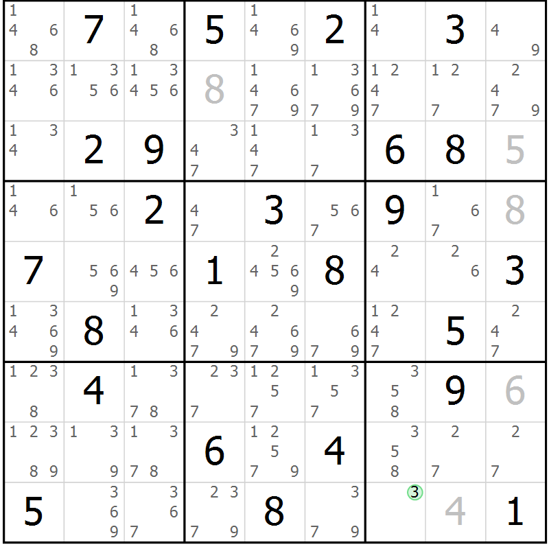 Position des candidats pour la solution de la Gr 58 page 61 du magazine de sudoku Maestro n° 101