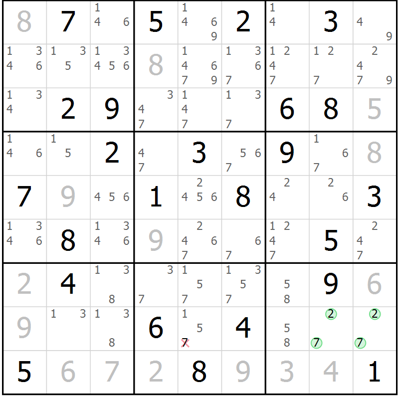Position des candidats pour la solution de la Gr 58 page 61 du magazine de sudoku Maestro n° 101