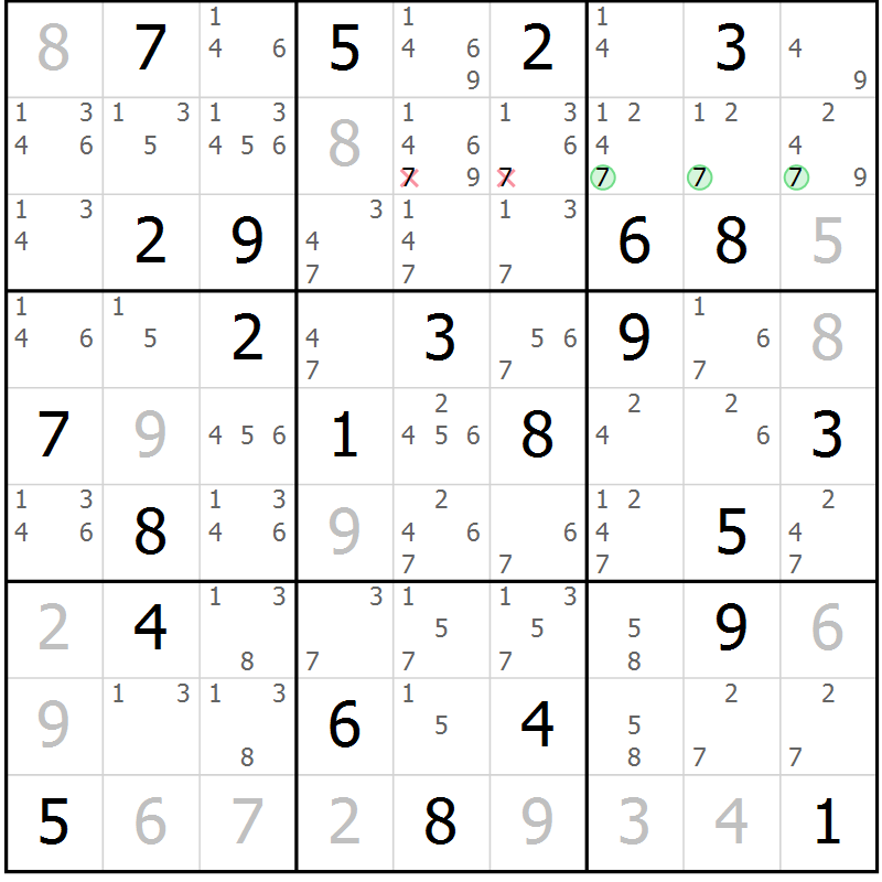 Position des candidats pour la solution de la Gr 58 page 61 du magazine de sudoku Maestro n° 101