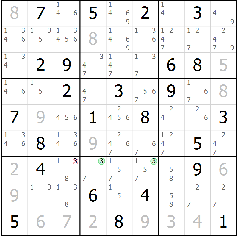 Position des candidats pour la solution de la Gr 58 page 61 du magazine de sudoku Maestro n° 101