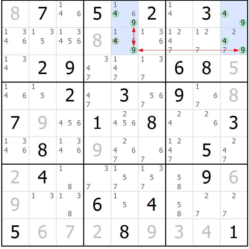 Position des candidats pour la solution de la Gr 58 page 61 du magazine de sudoku Maestro n° 101
