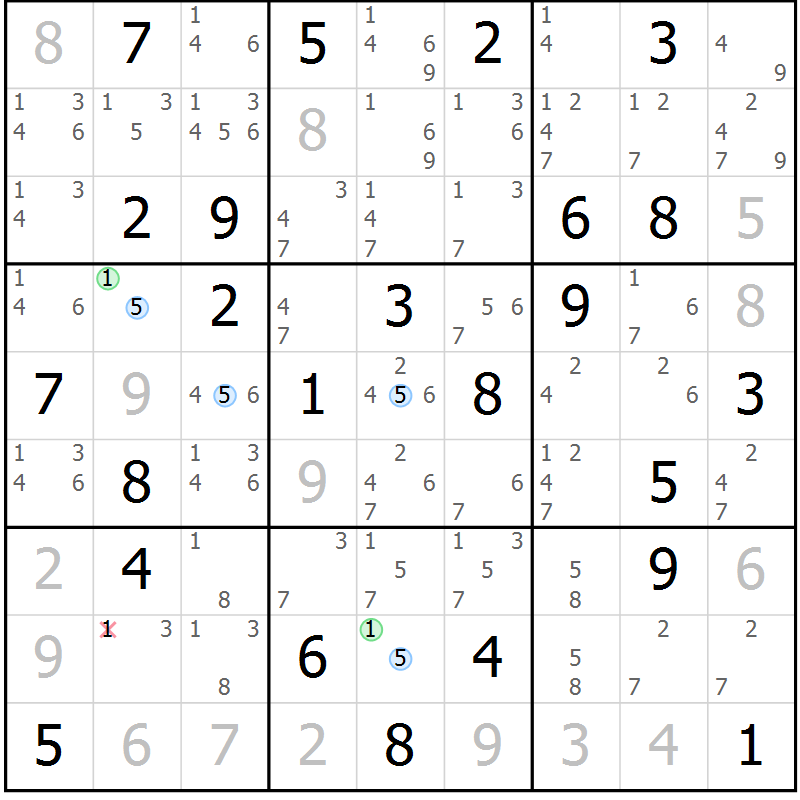 Position des candidats pour la solution de la Gr 58 page 61 du magazine de sudoku Maestro n° 101