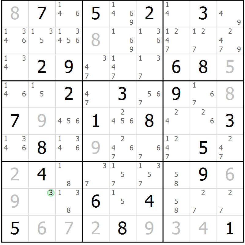 Position des candidats pour la solution de la Gr 58 page 61 du magazine de sudoku Maestro n° 101