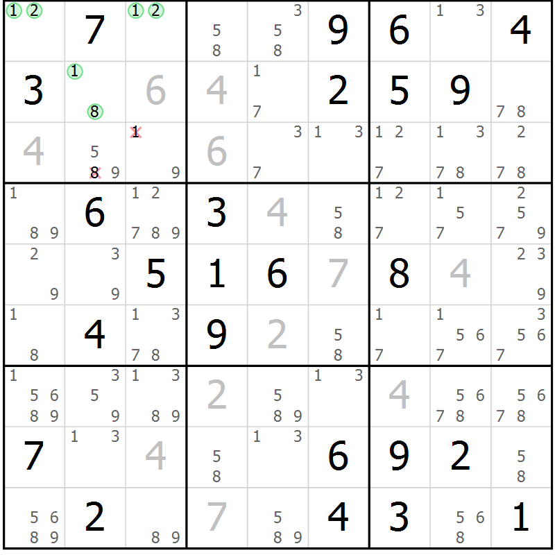 Position des candidats pour la solution de la Gr 59 page 62 du magazine de sudoku Maestro n° 101