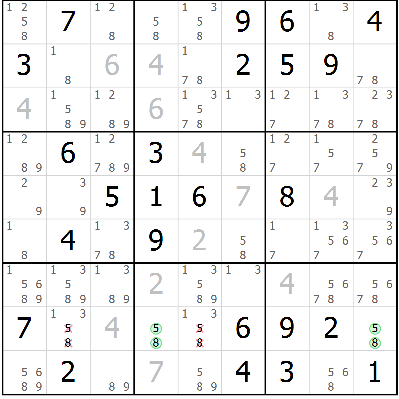 Position des candidats pour la solution de la Gr 59 page 62 du magazine de sudoku Maestro n° 101