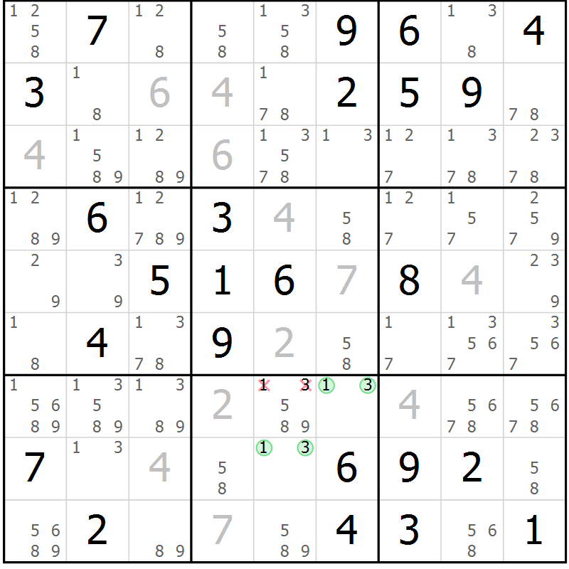 Position des candidats pour la solution de la Gr 59 page 62 du magazine de sudoku Maestro n° 101
