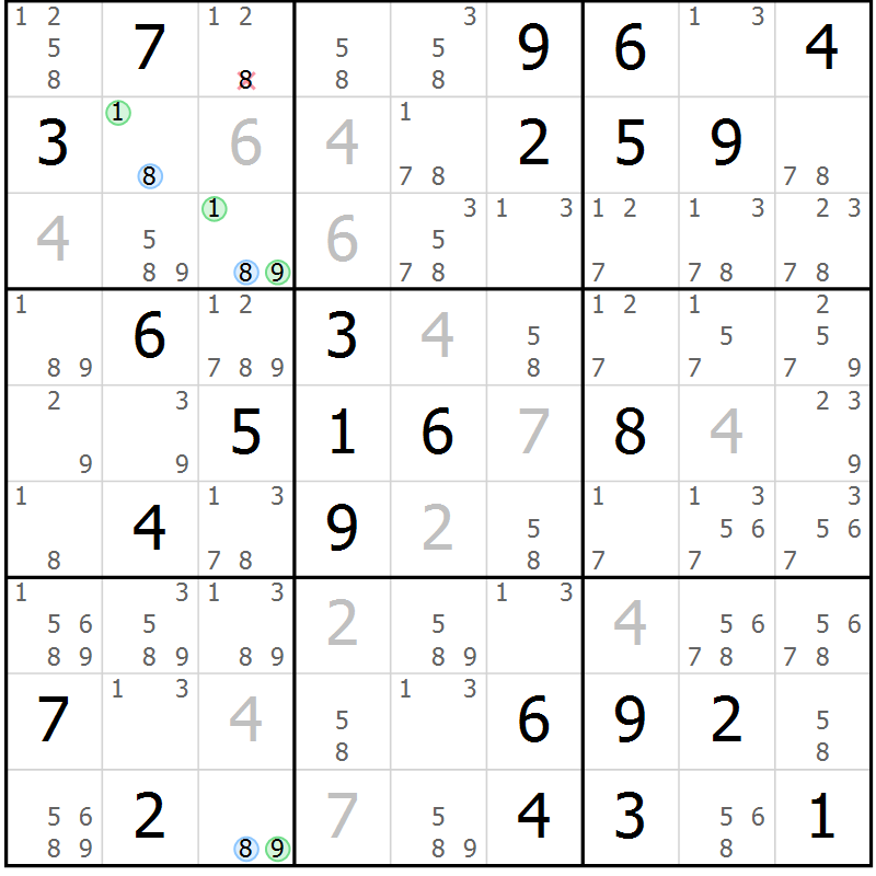Position des candidats pour la solution de la Gr 59 page 62 du magazine de sudoku Maestro n° 101