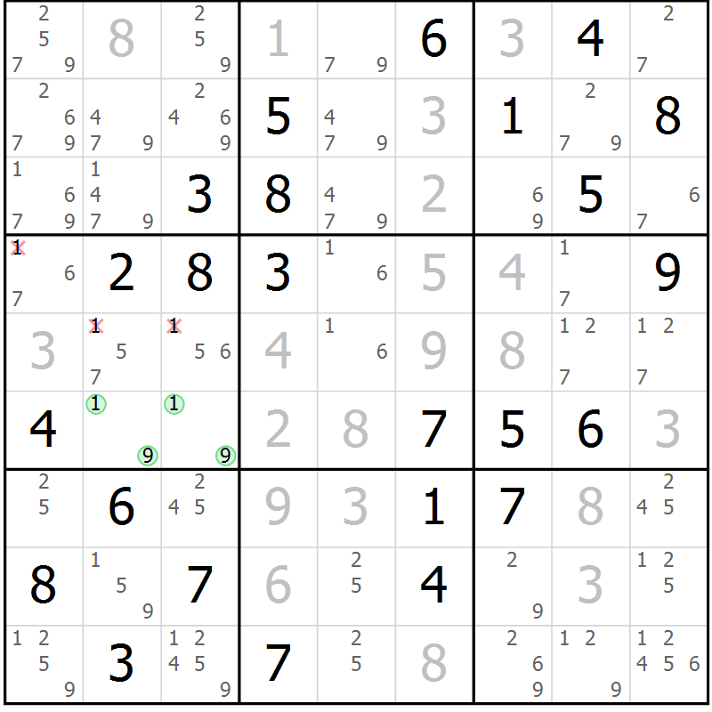 Position des candidats pour la solution de la Gr 6 page 9 du magazine de sudoku Maestro n° 101