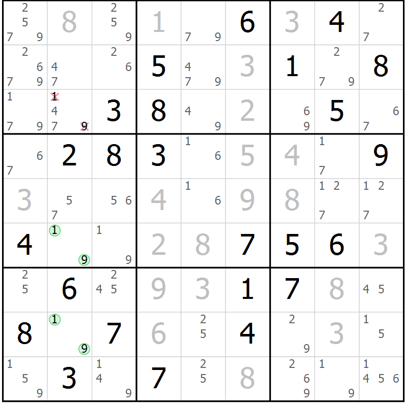 Position des candidats pour la solution de la Gr 6 page 9 du magazine de sudoku Maestro n° 101