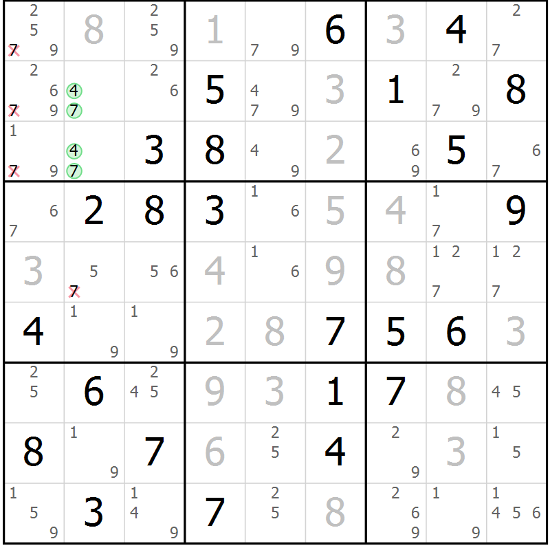 Position des candidats pour la solution de la Gr 6 page 9 du magazine de sudoku Maestro n° 101