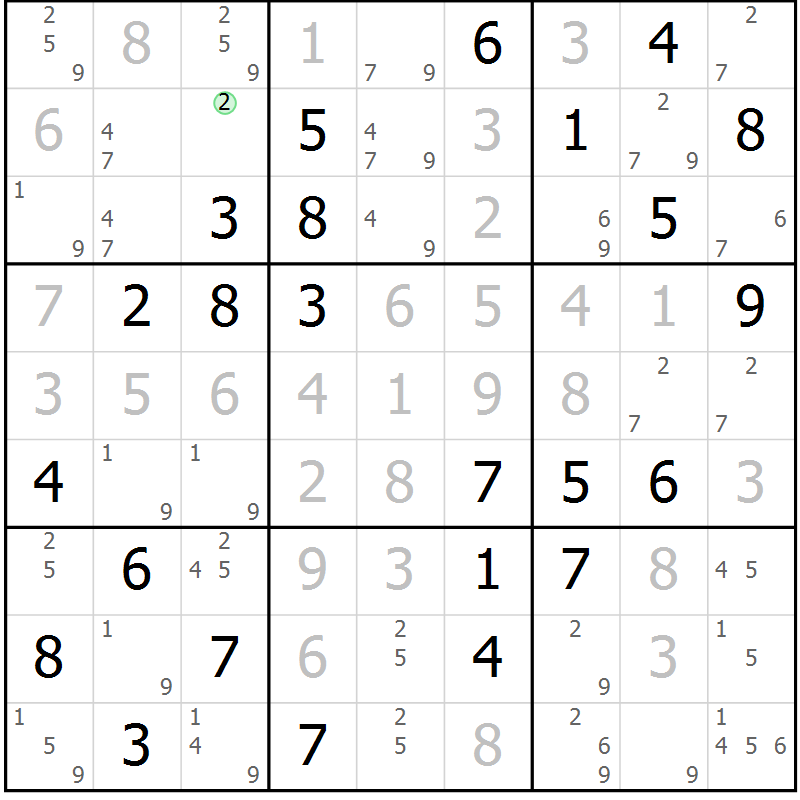 Position des candidats pour la solution de la Gr 6 page 9 du magazine de sudoku Maestro n° 101