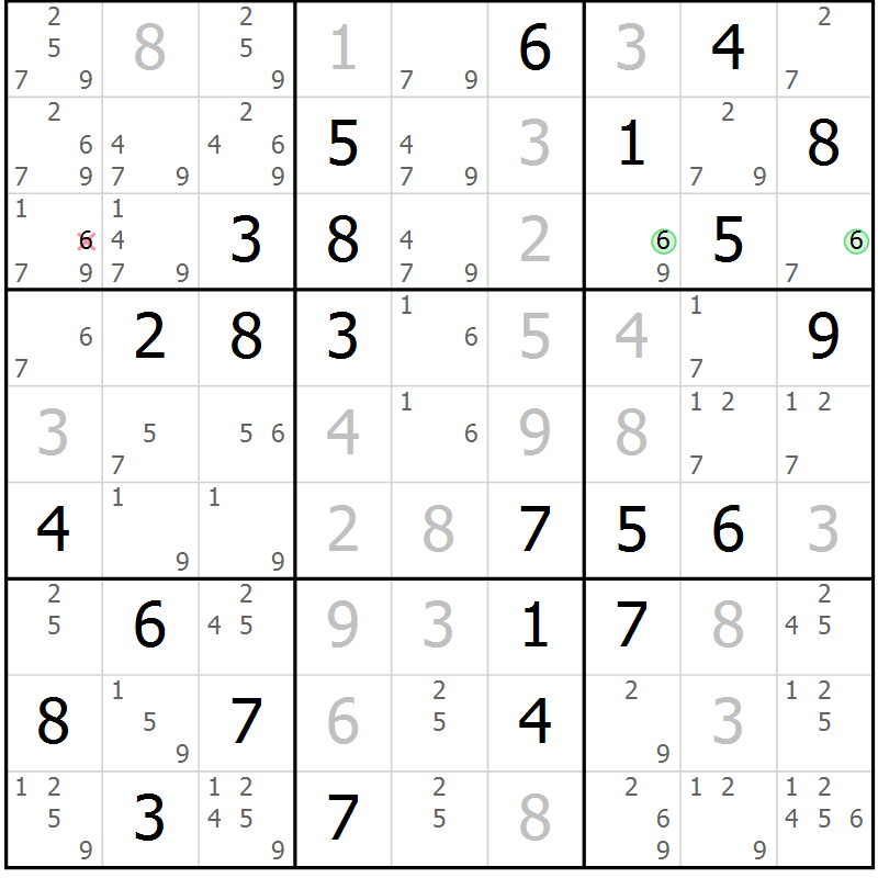 Position des candidats pour la solution de la Gr 6 page 9 du magazine de sudoku Maestro n° 101