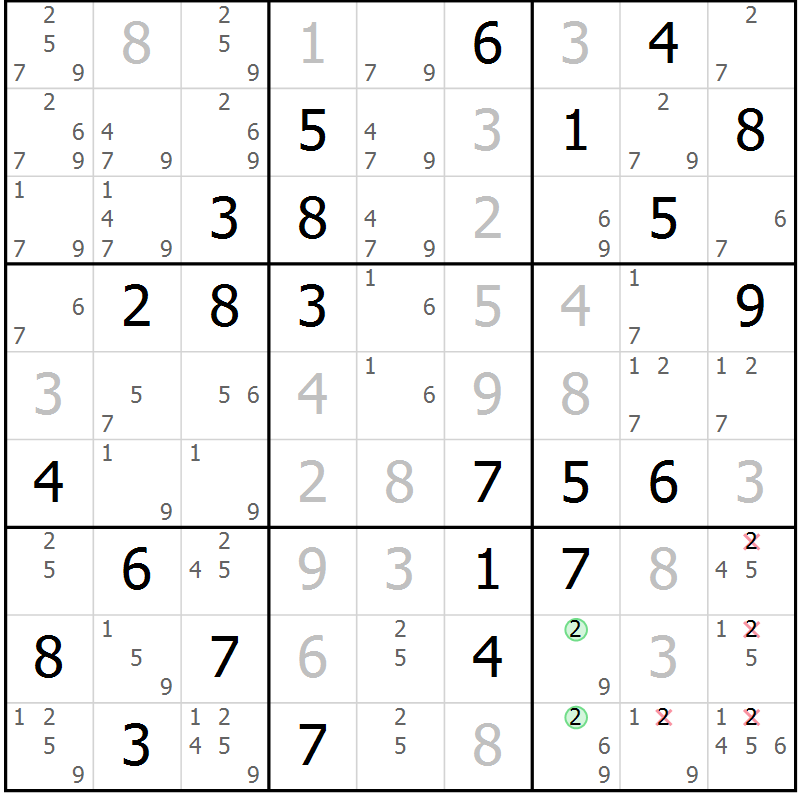 Position des candidats pour la solution de la Gr 6 page 9 du magazine de sudoku Maestro n° 101