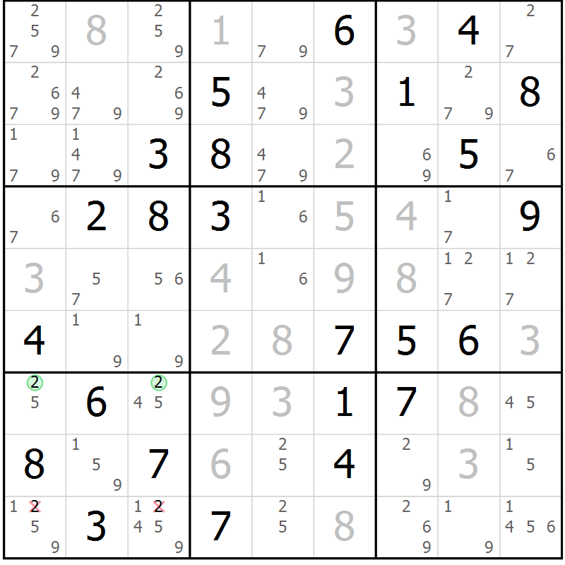 Position des candidats pour la solution de la Gr 6 page 9 du magazine de sudoku Maestro n° 101