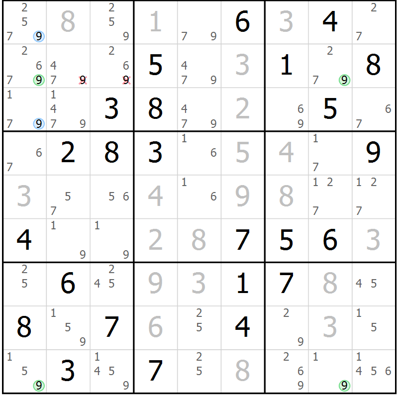 Position des candidats pour la solution de la Gr 6 page 9 du magazine de sudoku Maestro n° 101