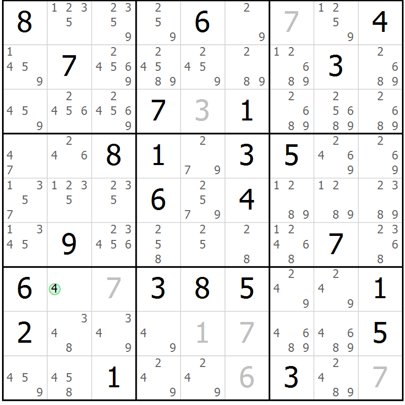 Position des candidats pour la solution de la Gr 60 page 63 du magazine de sudoku Maestro n° 101