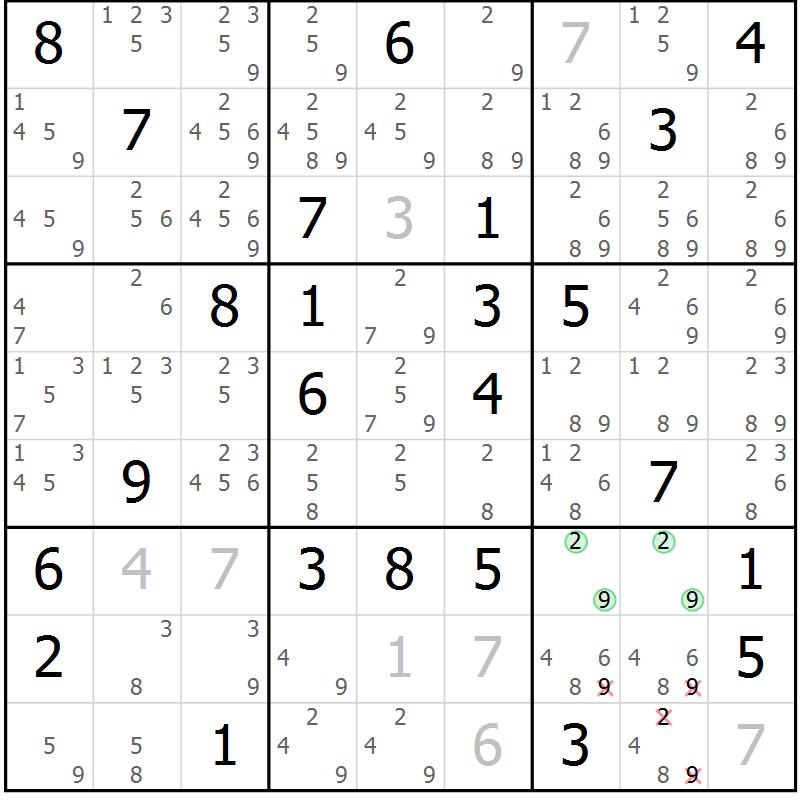 Position des candidats pour la solution de la Gr 60 page 63 du magazine de sudoku Maestro n° 101