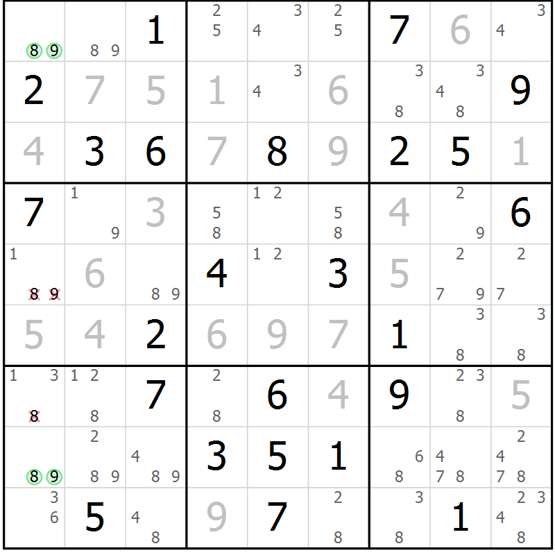 Position des candidats pour la solution de la Gr 61 page 64 du magazine de sudoku Maestro n° 101