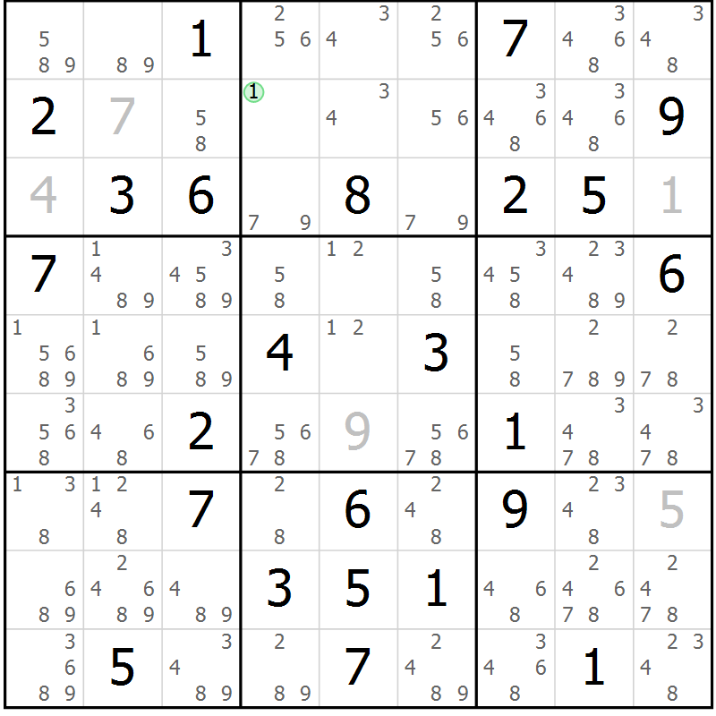 Position des candidats pour la solution de la Gr 61 page 64 du magazine de sudoku Maestro n° 101