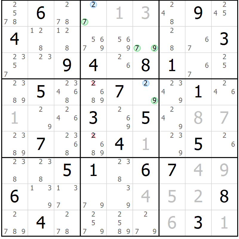 Position des candidats pour la solution de la Gr 63 page 66 du magazine de sudoku Maestro n° 101
