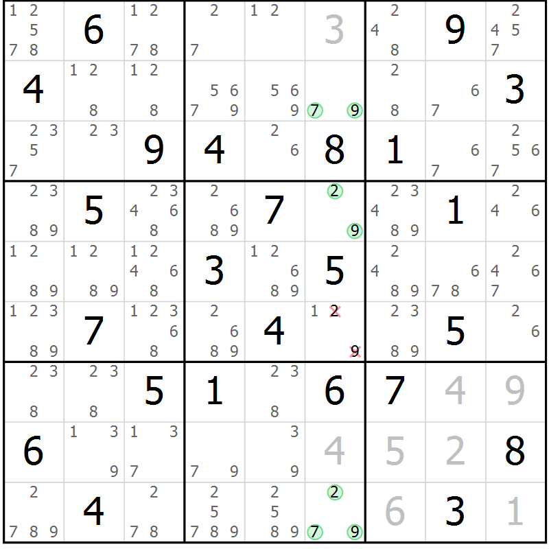 Position des candidats pour la solution de la Gr 63 page 66 du magazine de sudoku Maestro n° 101