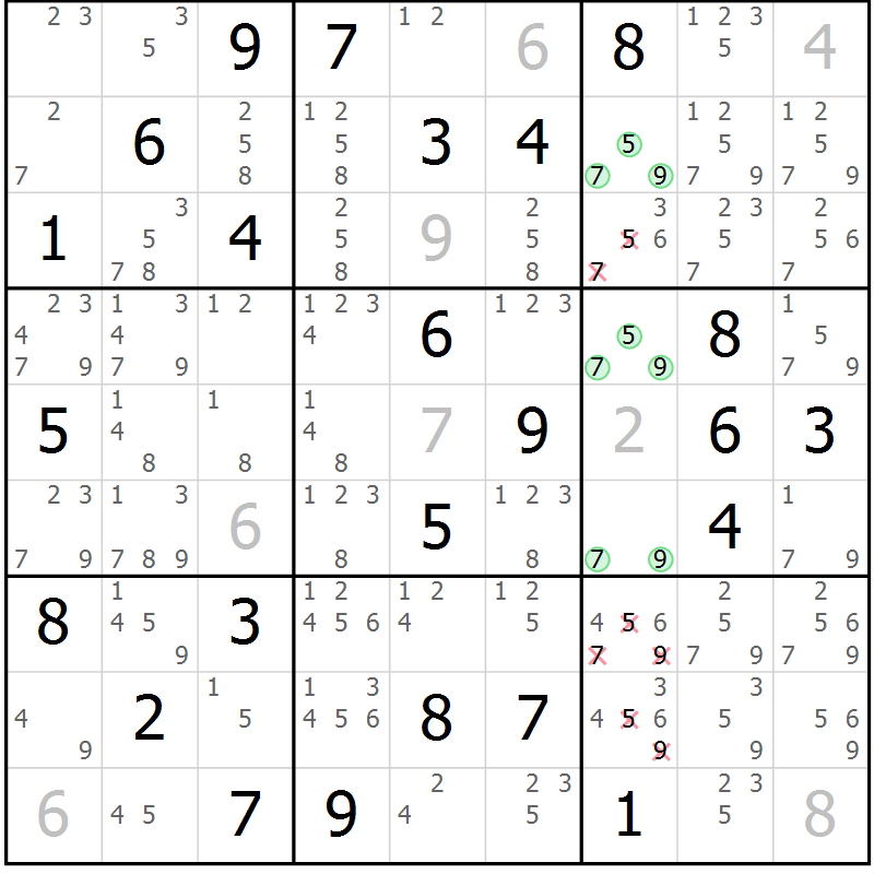 Position des candidats pour la solution de la Gr 64 page 67 du magazine de sudoku Maestro n° 101
