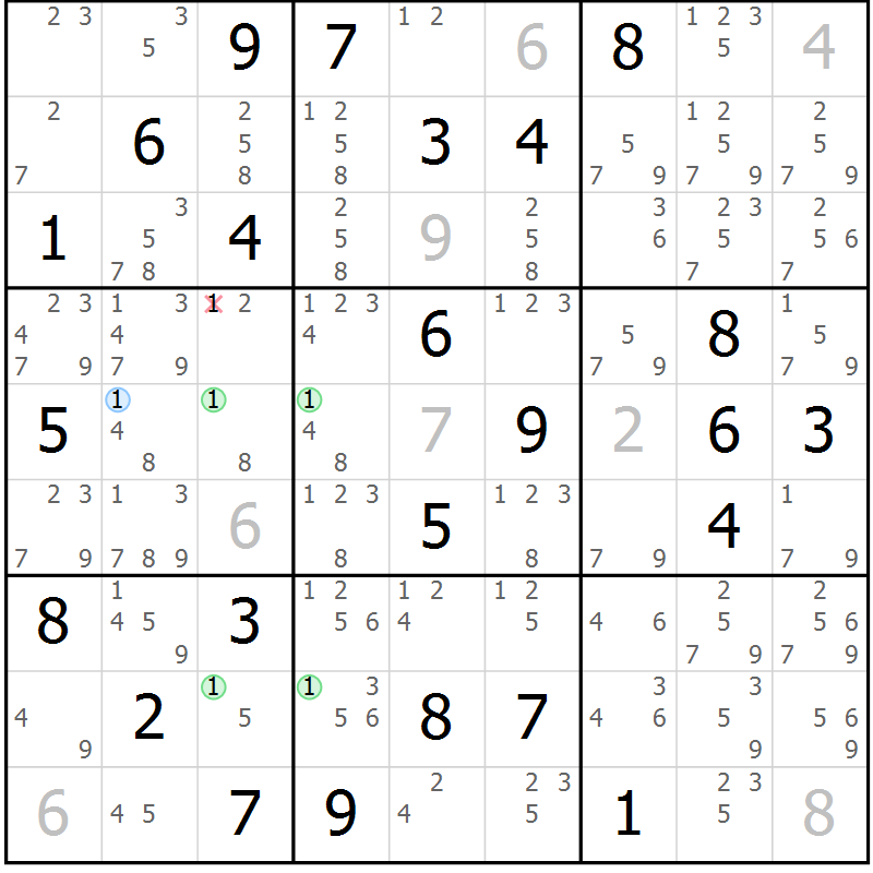 Position des candidats pour la solution de la Gr 64 page 67 du magazine de sudoku Maestro n° 101