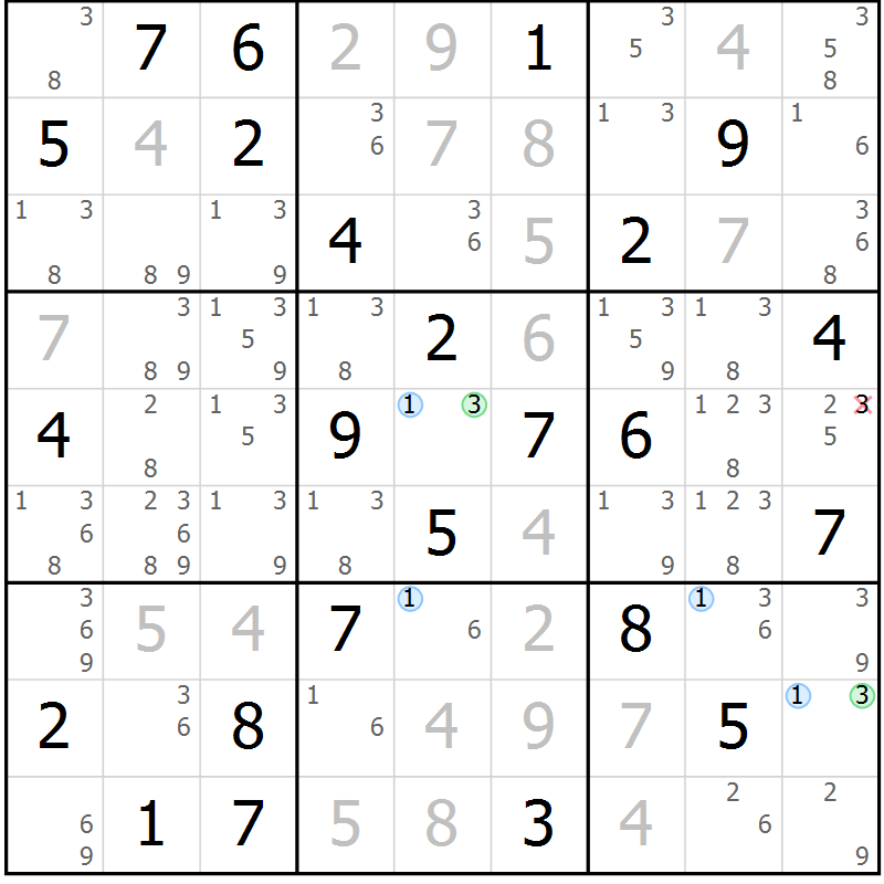 Position des candidats pour la solution de la Gr 65 page 68 du magazine de sudoku Maestro n° 101