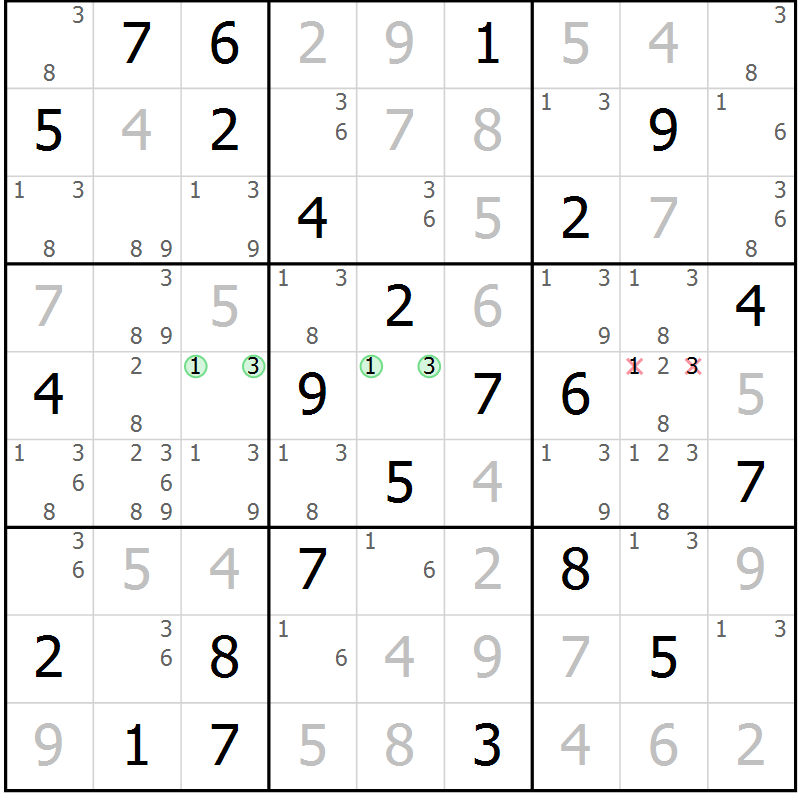 Position des candidats pour la solution de la Gr 65 page 68 du magazine de sudoku Maestro n° 101