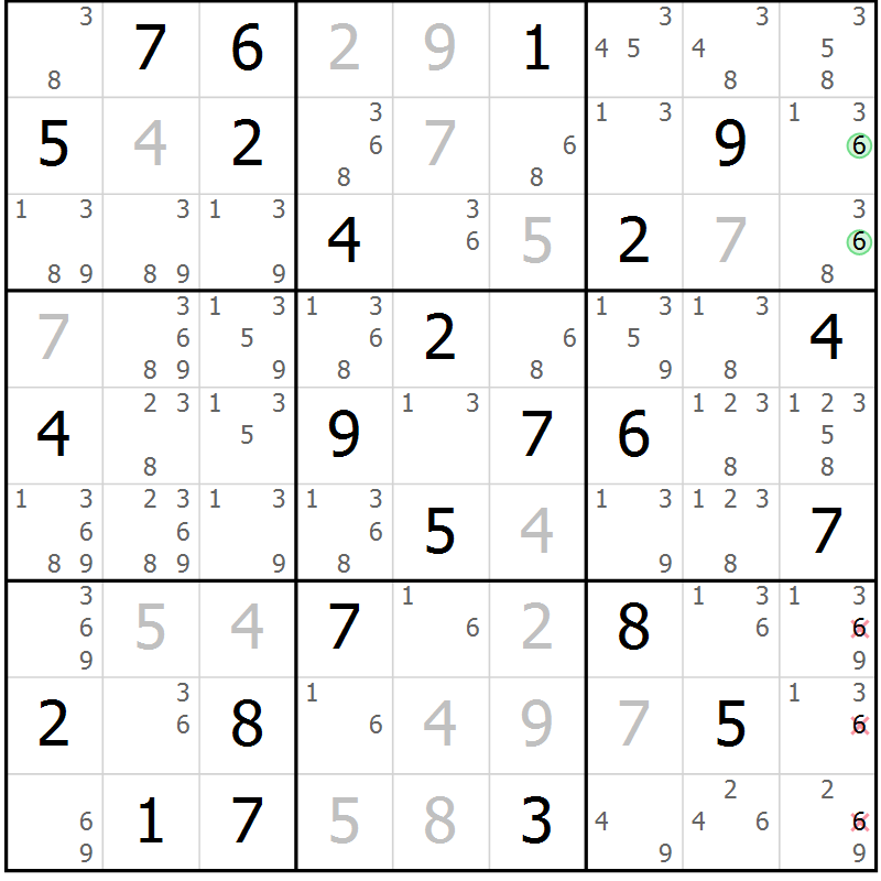Position des candidats pour la solution de la Gr 65 page 68 du magazine de sudoku Maestro n° 101