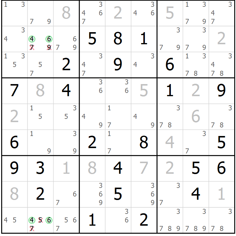 Position des candidats pour la solution de la Gr 66 page 69 du magazine de sudoku Maestro n° 101
