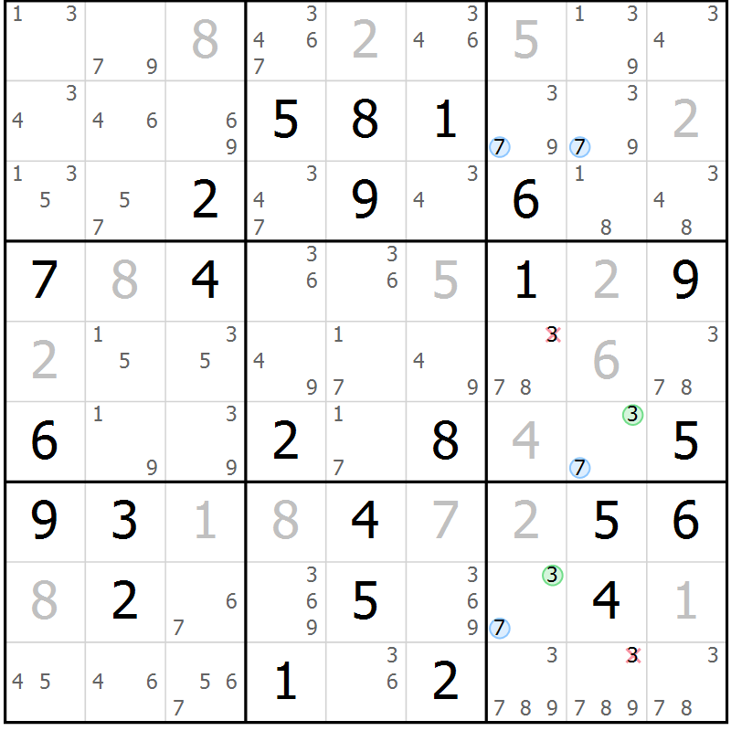 Position des candidats pour la solution de la Gr 66 page 69 du magazine de sudoku Maestro n° 101