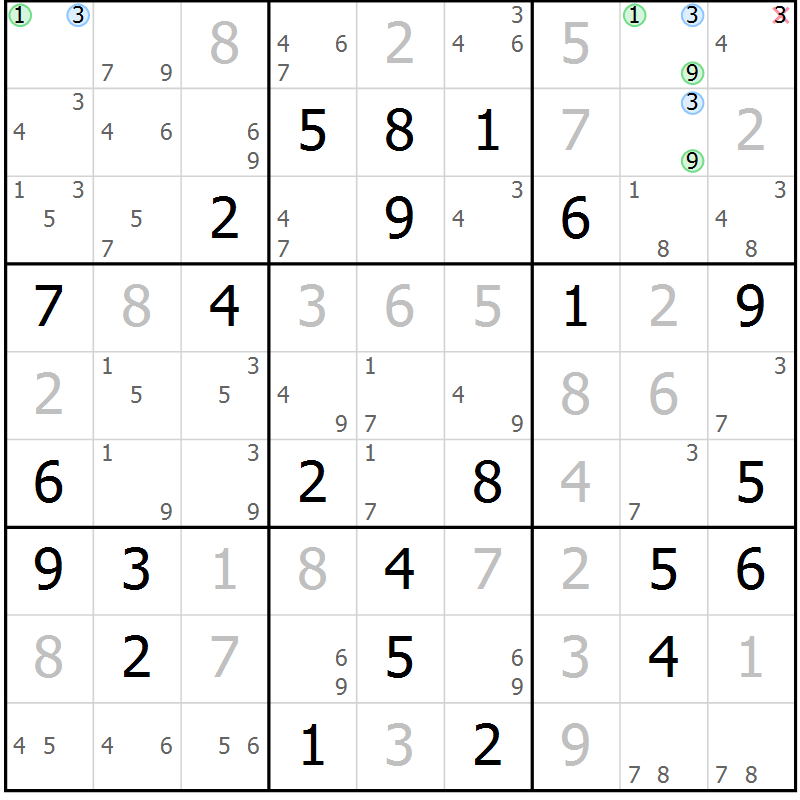 Position des candidats pour la solution de la Gr 66 page 69 du magazine de sudoku Maestro n° 101