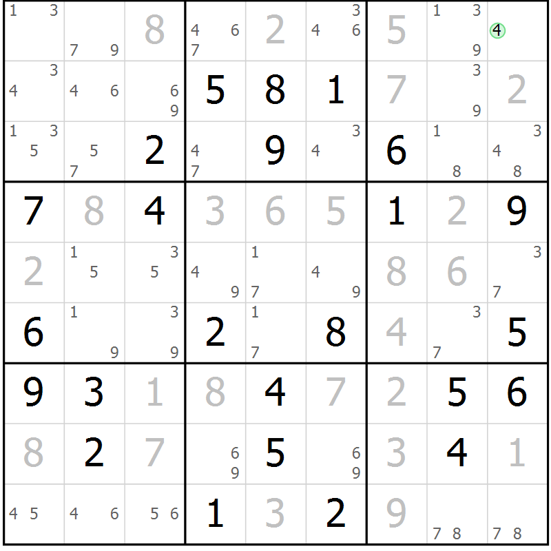 Position des candidats pour la solution de la Gr 66 page 69 du magazine de sudoku Maestro n° 101