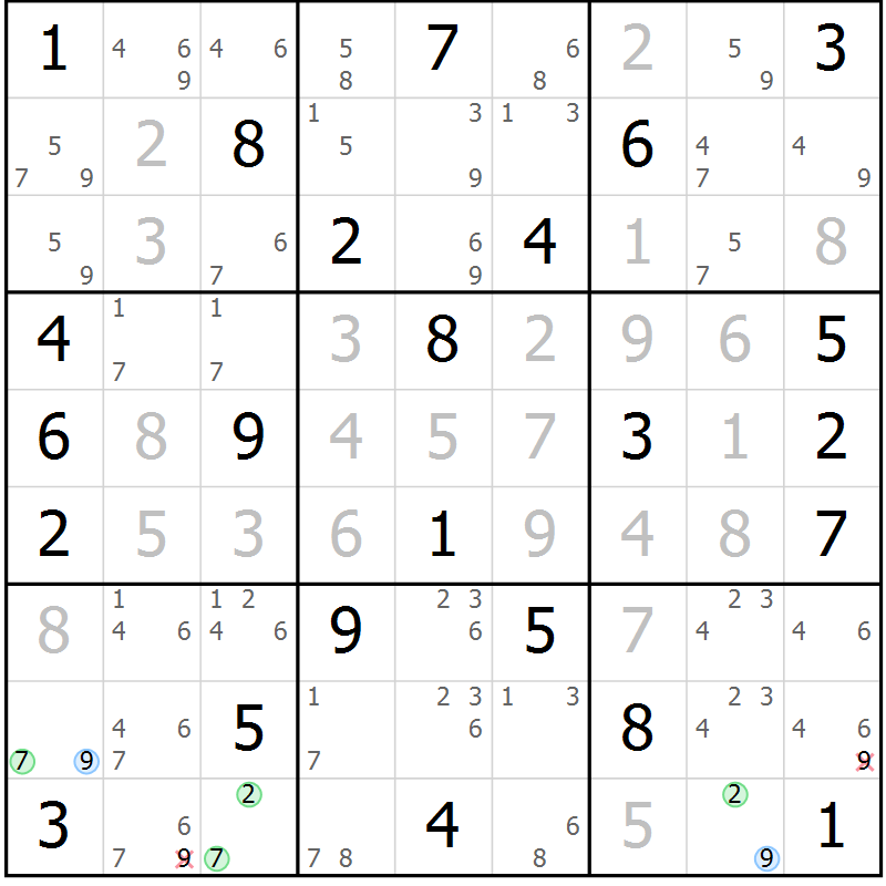 Position des candidats pour la solution de la Gr 67 page 70 du magazine de sudoku Maestro n° 101