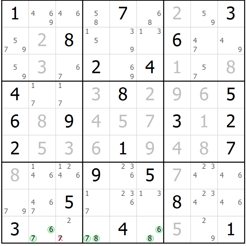 Position des candidats pour la solution de la Gr 67 page 70 du magazine de sudoku Maestro n° 101