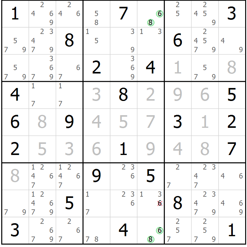 Position des candidats pour la solution de la Gr 67 page 70 du magazine de sudoku Maestro n° 101