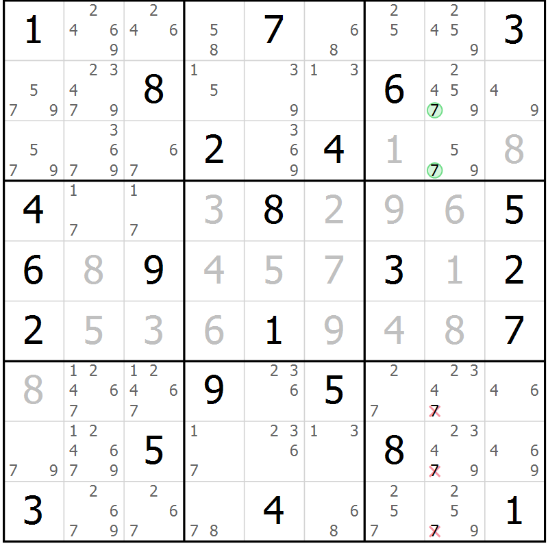 Position des candidats pour la solution de la Gr 67 page 70 du magazine de sudoku Maestro n° 101
