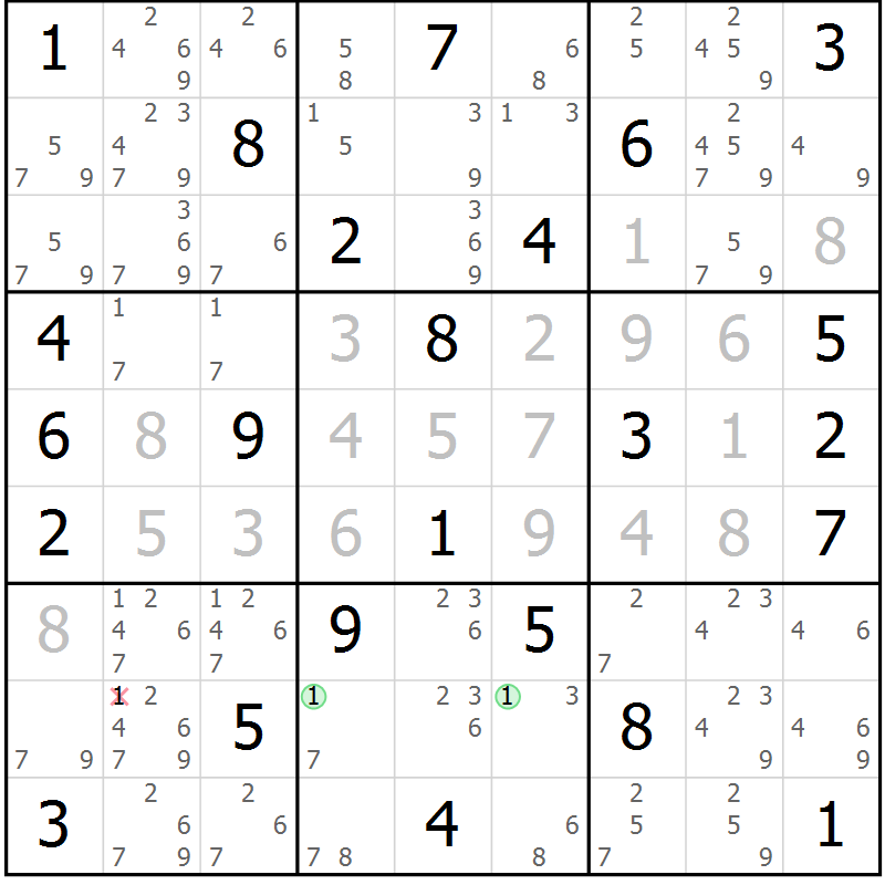 Position des candidats pour la solution de la Gr 67 page 70 du magazine de sudoku Maestro n° 101