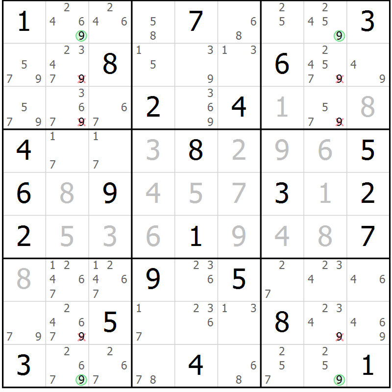 Position des candidats pour la solution de la Gr 67 page 70 du magazine de sudoku Maestro n° 101
