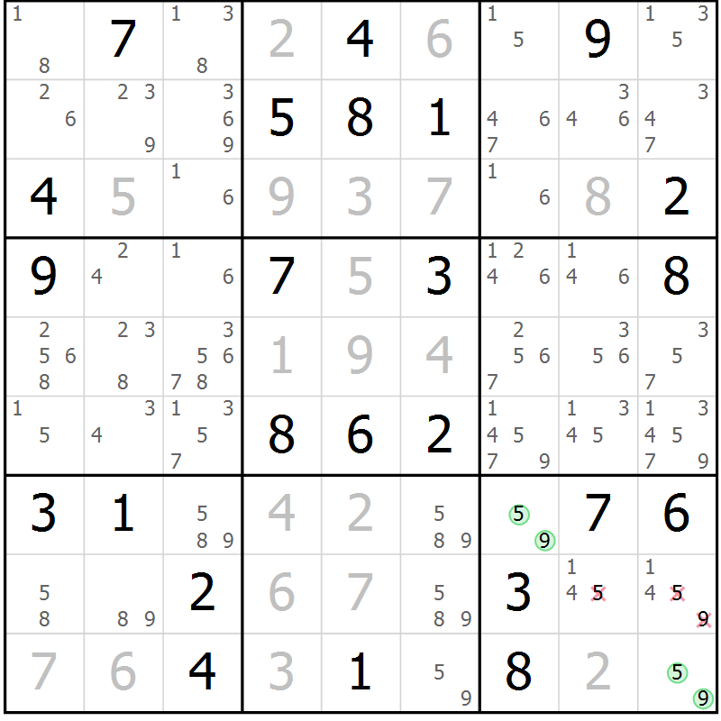 Position des candidats pour la solution de la Gr 68 page 71 du magazine de sudoku Maestro n° 101